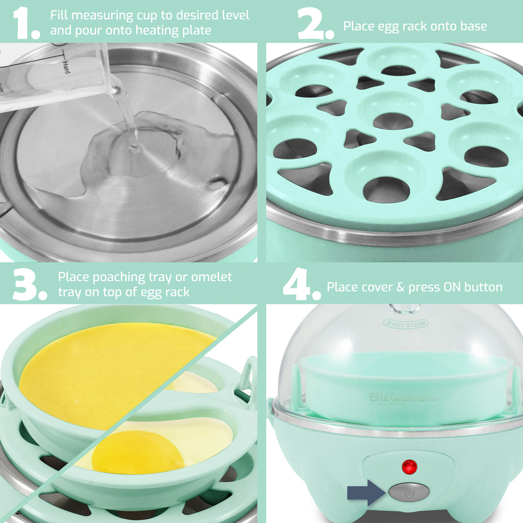 1. Fill measuring cup to desired level and pour onto heating plate. 2. Place egg rack onto base. 3. Place poaching tray or omelet tray on top of egg rack. 4. Place cover & press ON button.
