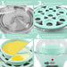 1. Fill measuring cup to desired level and pour onto heating plate. 2. Place egg rack onto base. 3. Place poaching tray or omelet tray on top of egg rack. 4. Place cover & press ON button.