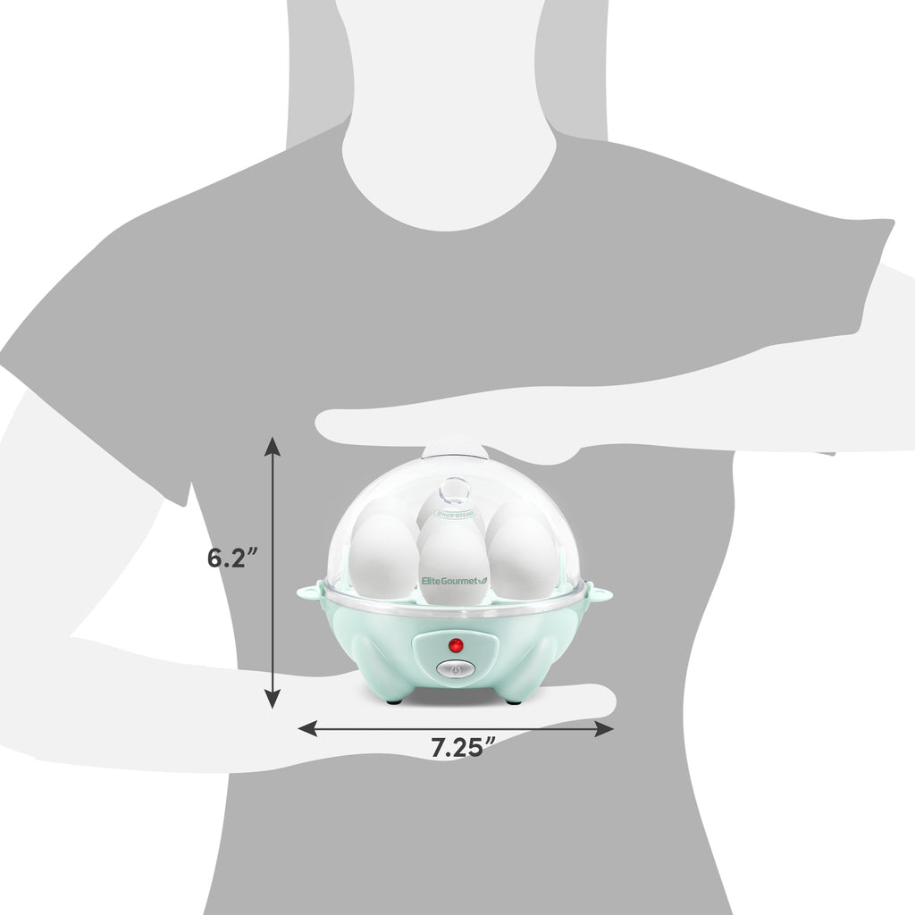 Dimensions of egg cooker. 6.2" Height, 7.25" Diameter.