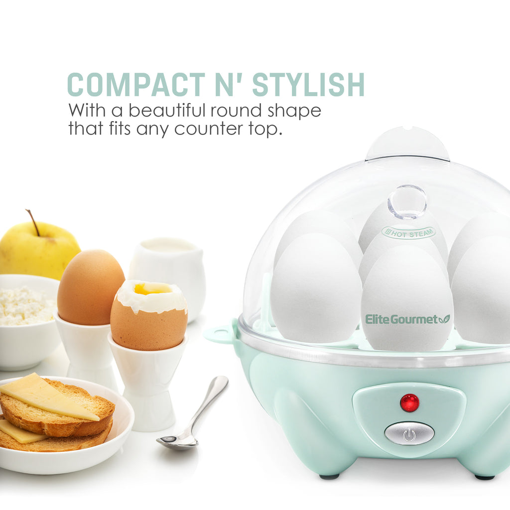 Compact N' Stylish with a beautiful round shape that fits any counter top. Egg cooker next to cooked eggs, fruit and toast.