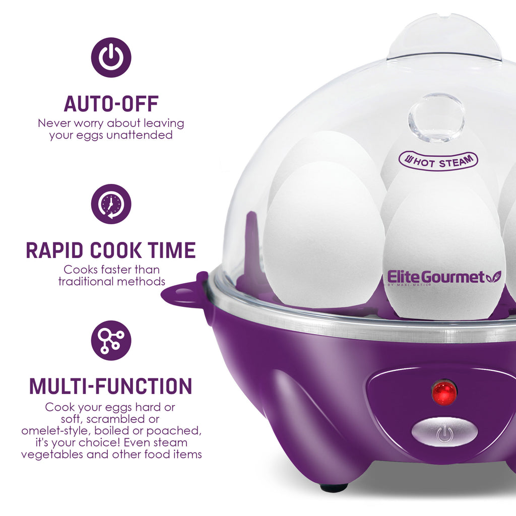 Auto-Off. Never worry about leaving your eggs unattended. Rapid Cooke Time. Cooks faster than traditional methods. Multi-Function, cooks your eggs hard or soft, scrambled or omelet-style. Boiled of poached, it's your choice! Even steam vegetables and other foods.