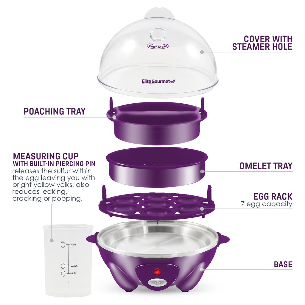 Parts & accessories displayed. Poaching Tray, Measuring cup with built-in piercing pin releases the sulfur with the egg leaving you with bright yellow yolks, also reduces leaking, cracking or popping. Cover with steamer hole. Omelet Tray. Egg rack 7 egg capacity. Base.