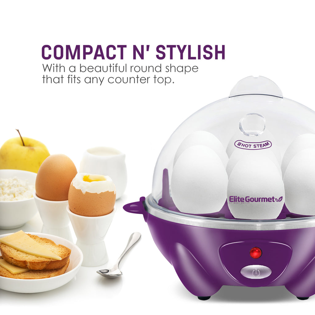 Compact N' Stylish with a beautiful round shape that fits any counter top. Egg cooker next to cooked eggs, fruit and toast.