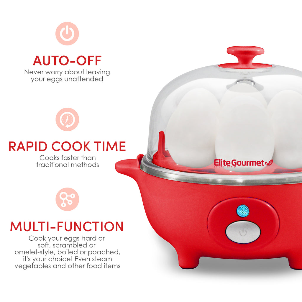 Auto-Off. Never worry about leaving your eggs unattended. Rapid Cooke Time. Cooks faster than traditional methods. Multi-Function, cooks your eggs hard or soft, scrambled or omelet-style. Boiled of poached, it's your choice! Even steam vegetables and other foods.
