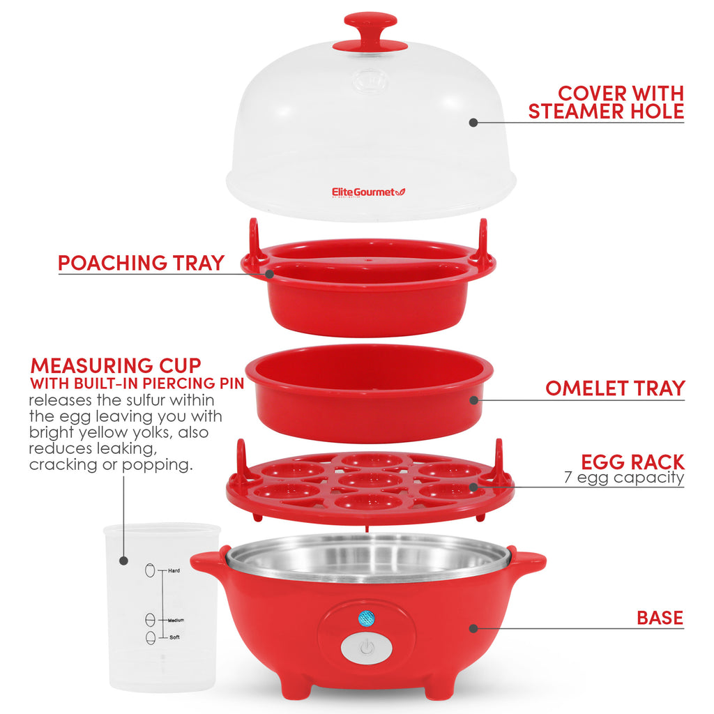 Parts & accessories displayed. Poaching Tray, Measuring cup with built-in piercing pin releases the sulfur with the egg leaving you with bright yellow yolks, also reduces leaking, cracking or popping. Cover with steamer hole. Omelet Tray. Egg rack 7 egg capacity. Base.
