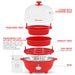 Parts & accessories displayed. Poaching Tray, Measuring cup with built-in piercing pin releases the sulfur with the egg leaving you with bright yellow yolks, also reduces leaking, cracking or popping. Cover with steamer hole. Omelet Tray. Egg rack 7 egg capacity. Base.