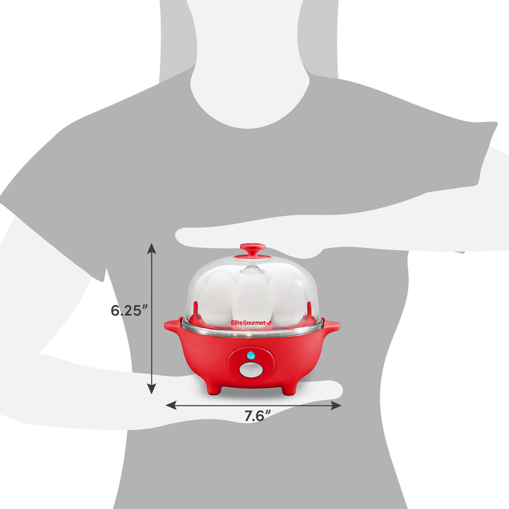 Dimensions of egg cooker. 6.25" Height, 7.6" Diameter.