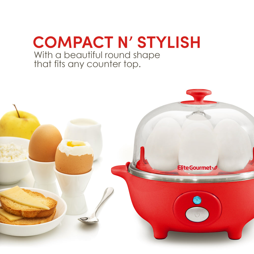 Compact N' Stylish with a beautiful round shape that fits any counter top. Egg cooker next to cooked eggs, fruit and toast.