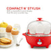 Compact N' Stylish with a beautiful round shape that fits any counter top. Egg cooker next to cooked eggs, fruit and toast.