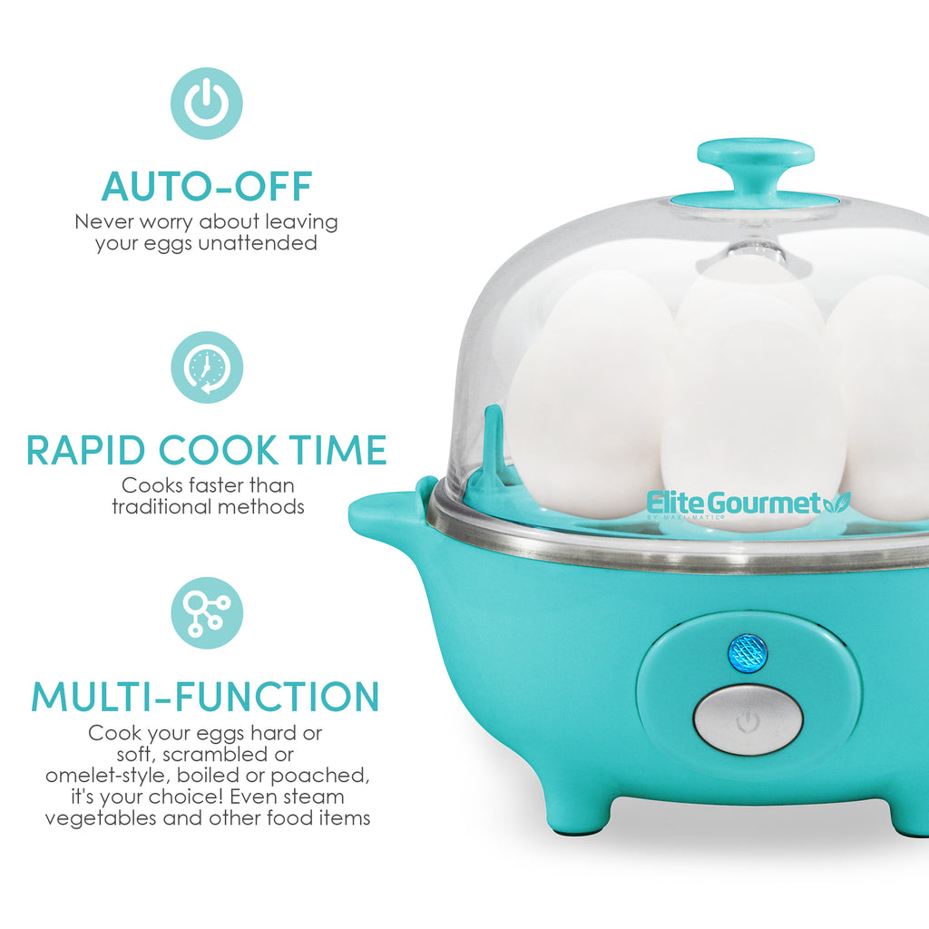 Auto-Off. Never worry about leaving your eggs unattended. Rapid Cooke Time. Cooks faster than traditional methods. Multi-Function, cooks your eggs hard or soft, scrambled or omelet-style. Boiled of poached, it's your choice! Even steam vegetables and other foods.