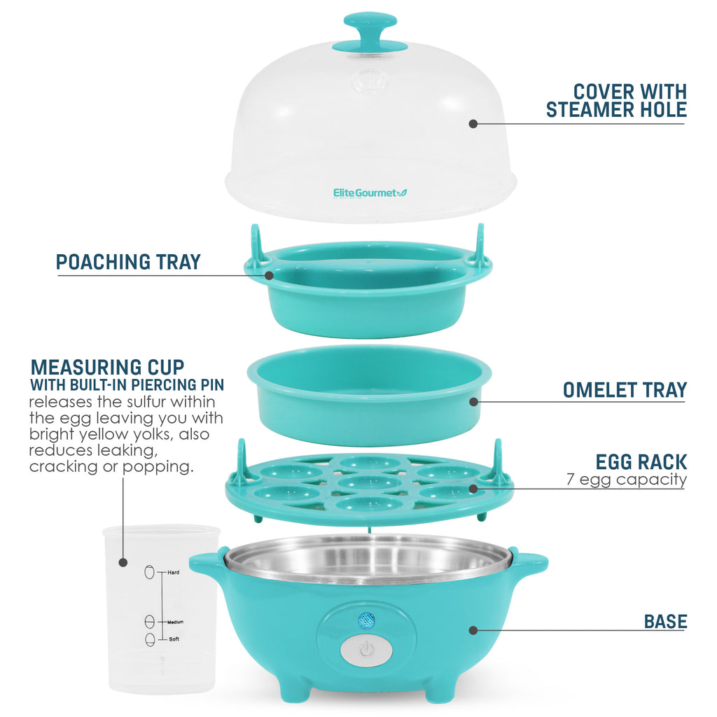 Parts & accessories displayed. Poaching Tray, Measuring cup with built-in piercing pin releases the sulfur with the egg leaving you with bright yellow yolks, also reduces leaking, cracking or popping. Cover with steamer hole. Omelet Tray. Egg rack 7 egg capacity. Base.