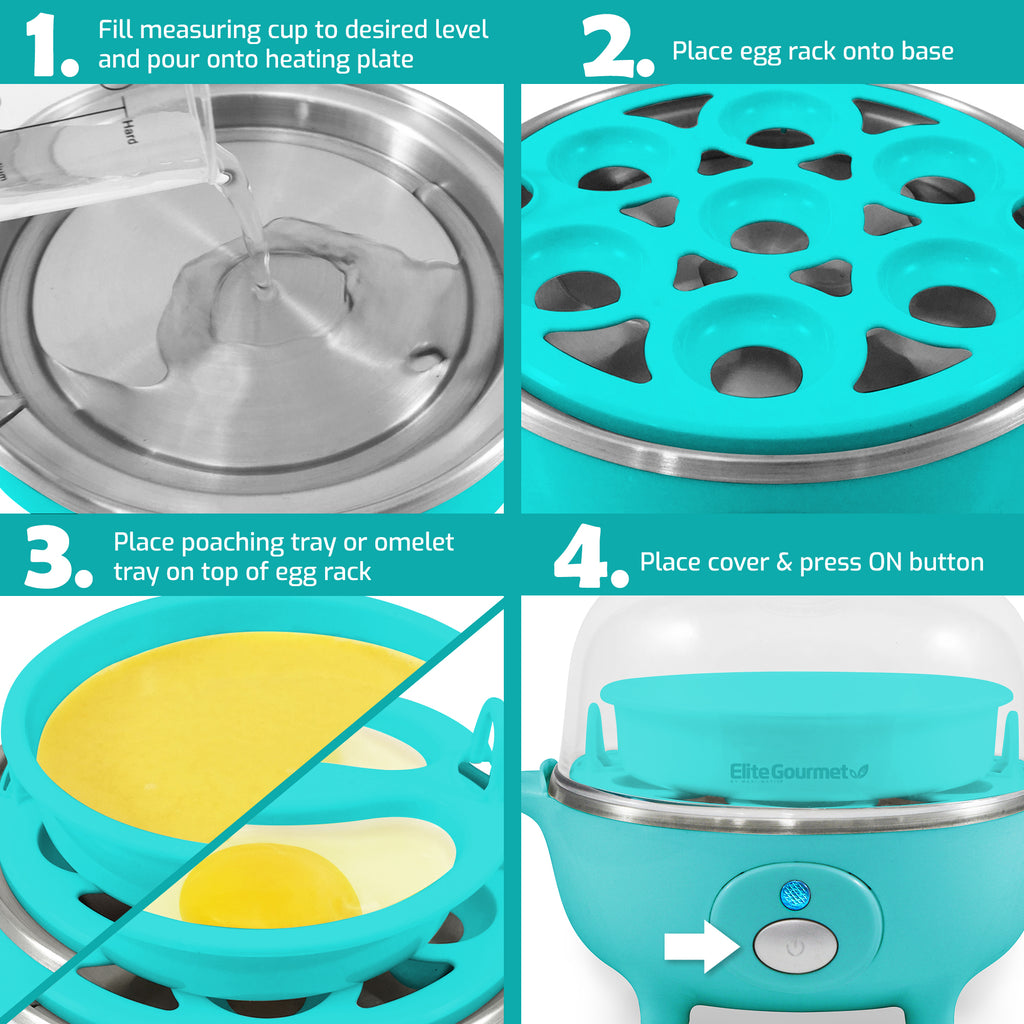1. Fill measuring cup to desired level and pour onto heating plate. 2. Place egg rack onto base. 3. Place poaching tray or omelet tray on top of egg rack. 4. Place cover & press ON button.