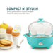 Compact N' Stylish with a beautiful round shape that fits any counter top. Egg cooker next to cooked eggs, fruit and toast.