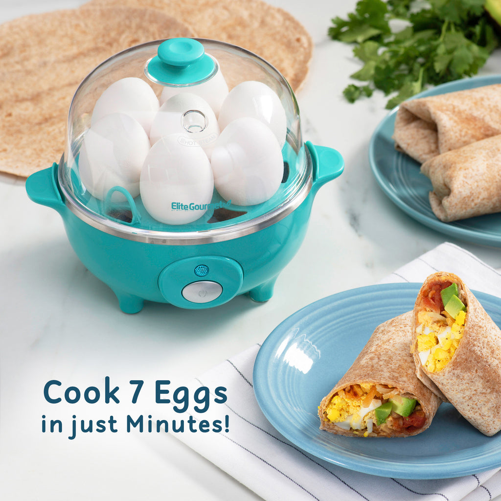 Cook 7 eggs in just minutes. Egg cooker next to plates of breakfast egg burritos.