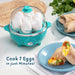 Cook 7 eggs in just minutes. Egg cooker next to plates of breakfast egg burritos.