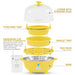 Parts & accessories displayed. Poaching Tray, Measuring cup with built-in piercing pin releases the sulfur with the egg leaving you with bright yellow yolks, also reduces leaking, cracking or popping. Cover with steamer hole. Omelet Tray. Egg rack 7 egg capacity. Base.