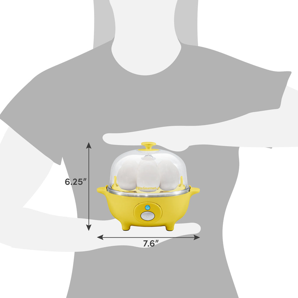 Dimensions of egg cooker. 6.25" Height, 7.6" Diameter.