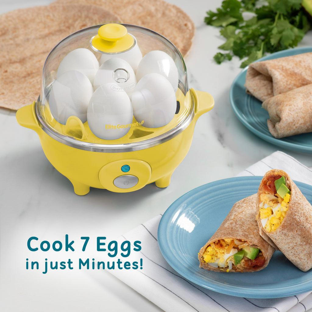 Cook 7 eggs in just minutes. Egg cooker next to plates of breakfast egg burritos.