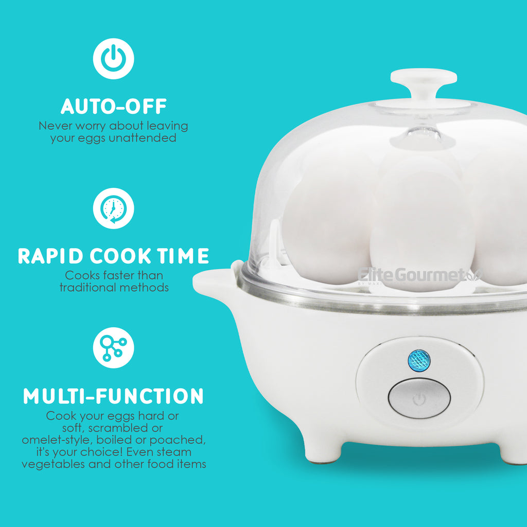 Auto-Off.  Never worry about leaving your eggs unattended.  Rapid Cooke Time.  Cooks faster than traditional methods.  Multi-Function, cooks your eggs hard or soft, scrambled or omelet-style.  Boiled of poached, it's your choice!  Even steam vegetables and other foods.