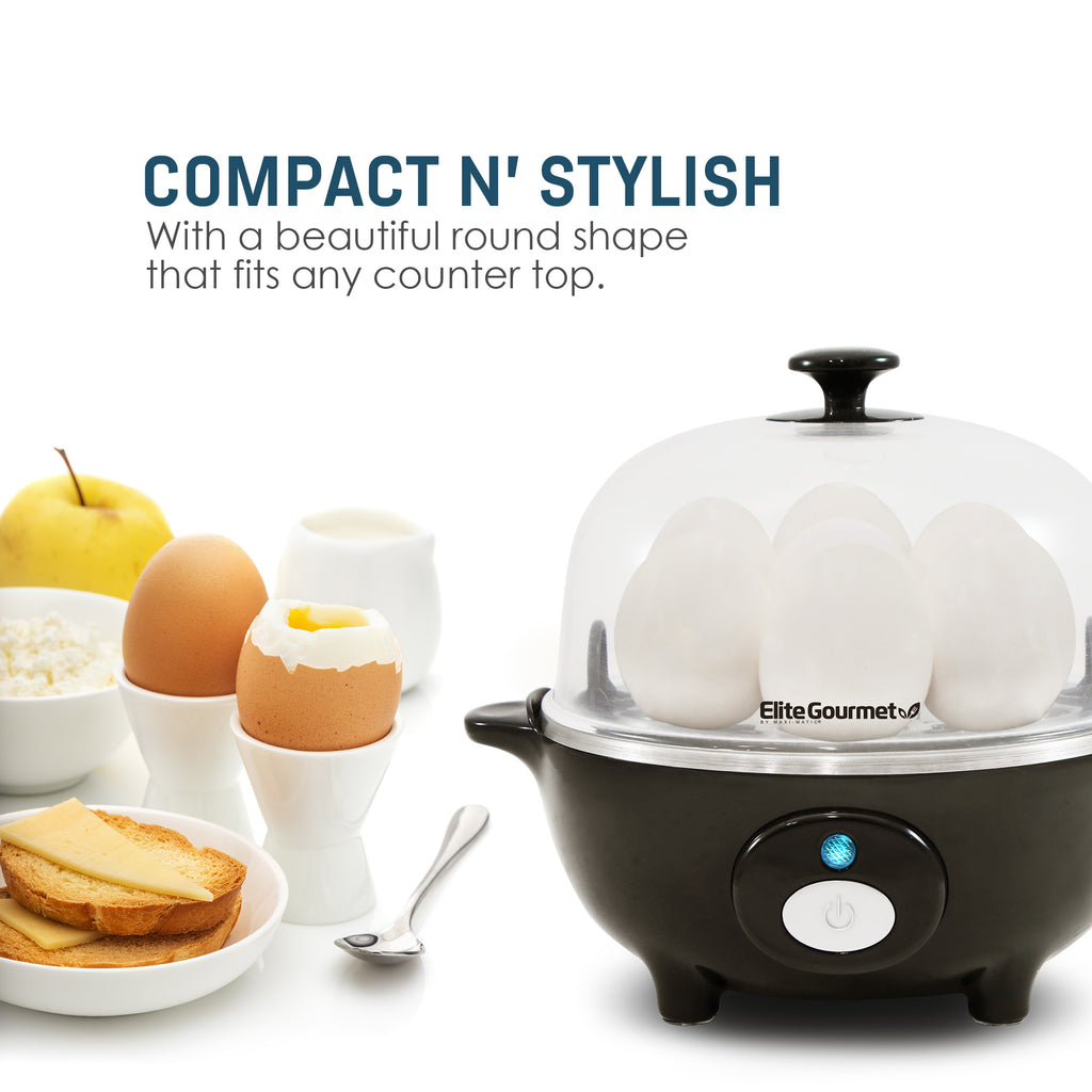 Compact N' Stylish with a beautiful round shape that fits any counter top. Egg cooker next to cooked eggs, fruit and toast.