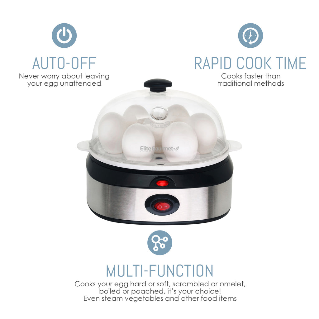 Auto-Off. Never worry about leaving your eggs unattended. Rapid Cooke Time. Cooks faster than traditional methods. Multi-Function, cooks your eggs hard or soft, scrambled or omelet-style. Boiled of poached, it's your choice! Even steam vegetables and other foods.