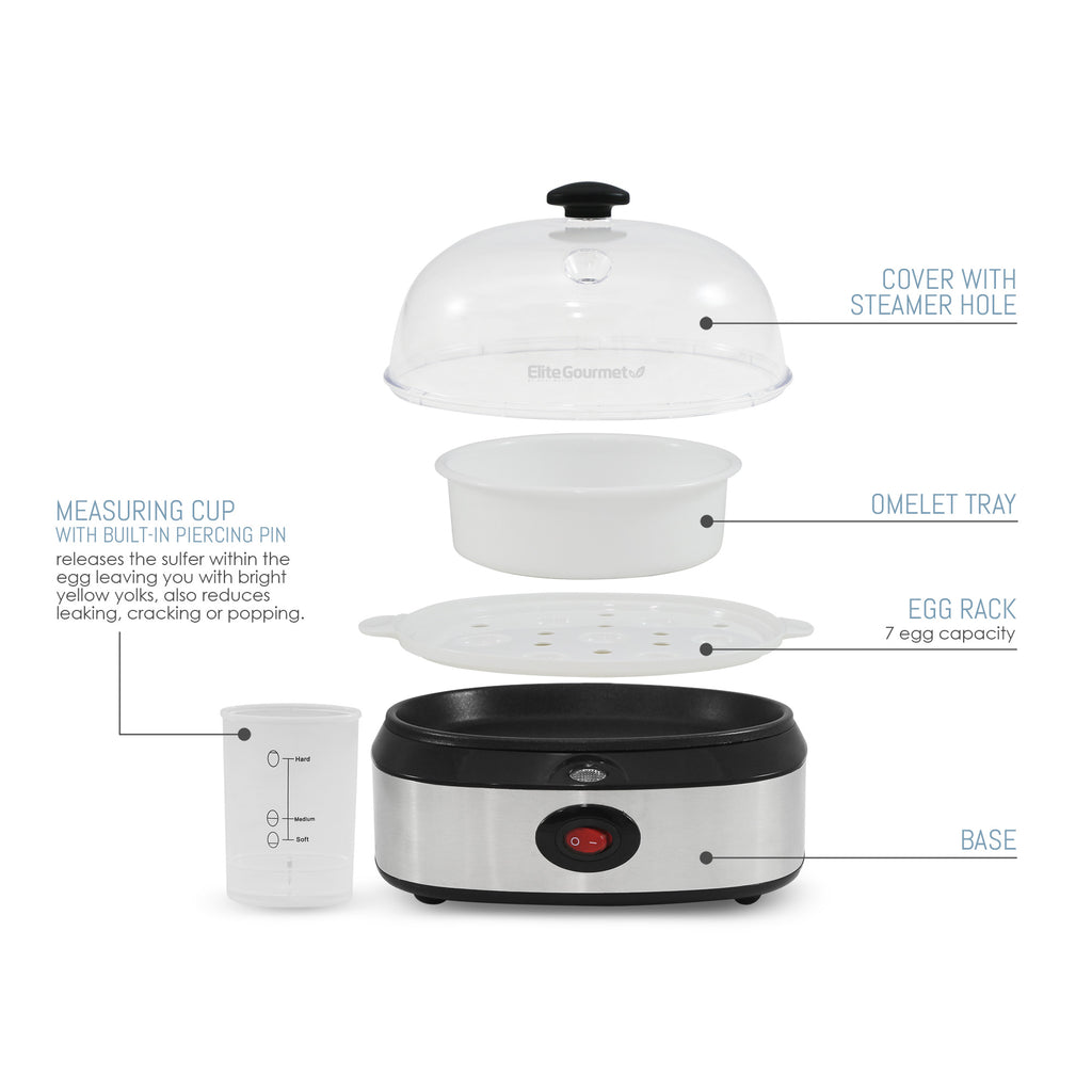 Parts & accessories displayed. Measuring cup with built-in piercing pin releases the sulfur with the egg leaving you with bright yellow yolks, also reduces leaking, cracking or popping. Cover with steamer hole. Omelet Tray. Egg rack 7 egg capacity. Base.