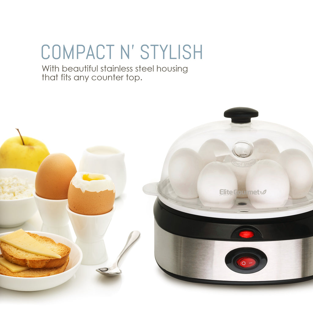 Compact N' Stylish with a beautiful round shape that fits any counter top. Egg cooker next to cooked eggs, fruit and toast.