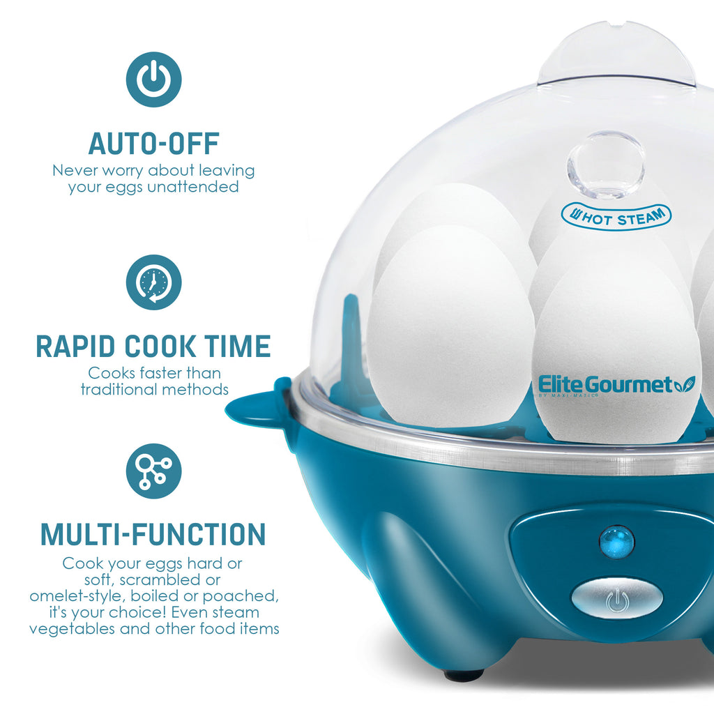 Auto-Off. Never worry about leaving your eggs unattended. Rapid Cooke Time. Cooks faster than traditional methods. Multi-Function, cooks your eggs hard or soft, scrambled or omelet-style. Boiled of poached, it's your choice! Even steam vegetables and other foods.
