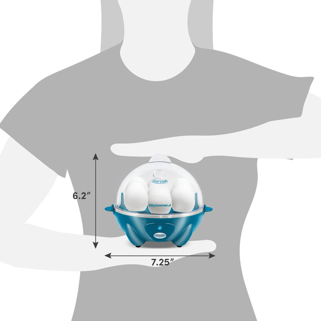 Dimensions of egg cooker. 6.2" Height, 7.25" Diameter.