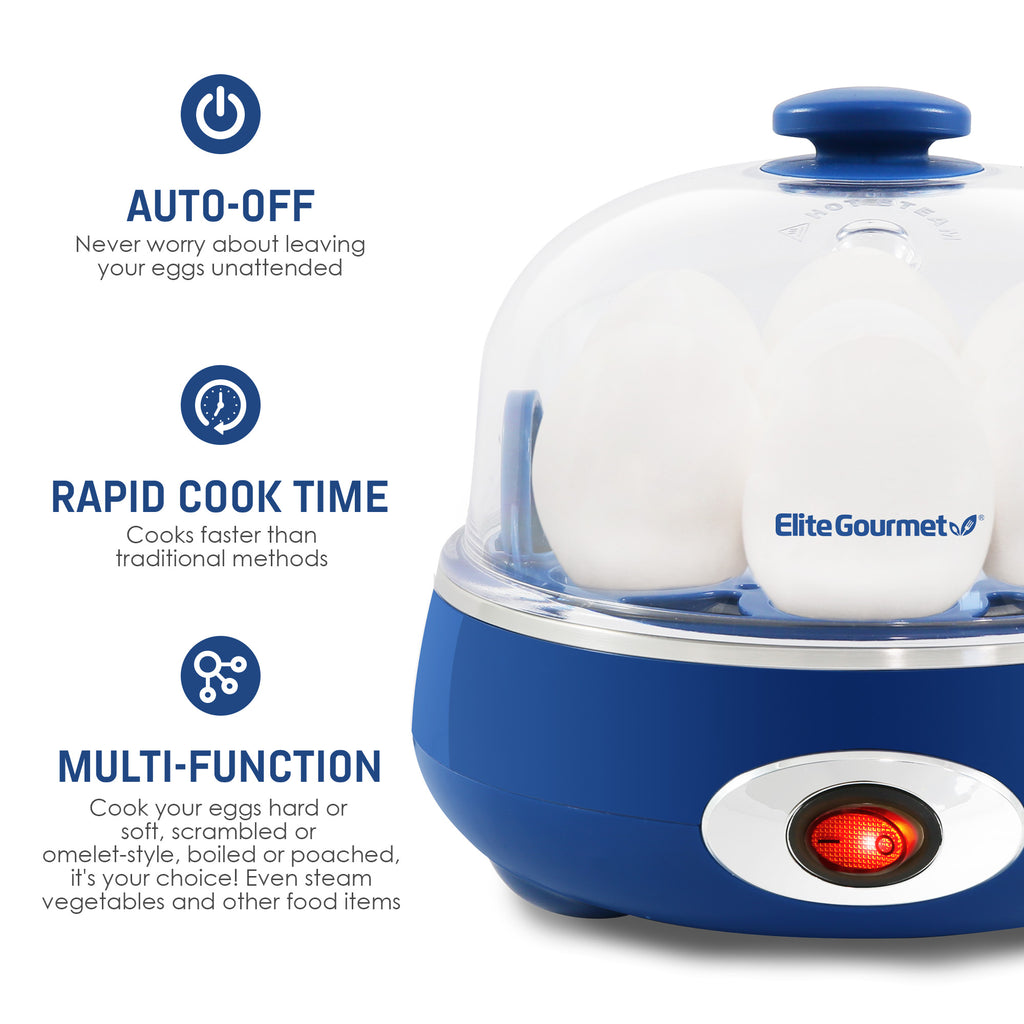 Auto-Off. Never worry about leaving your eggs unattended. Rapid Cooke Time. Cooks faster than traditional methods. Multi-Function, cooks your eggs hard or soft, scrambled or omelet-style. Boiled of poached, it's your choice! Even steam vegetables and other foods.