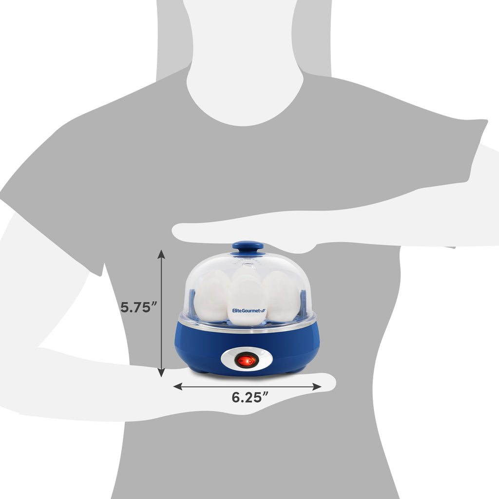 Dimensions of egg cooker. 5.75" Height, 6.25" Diameter.