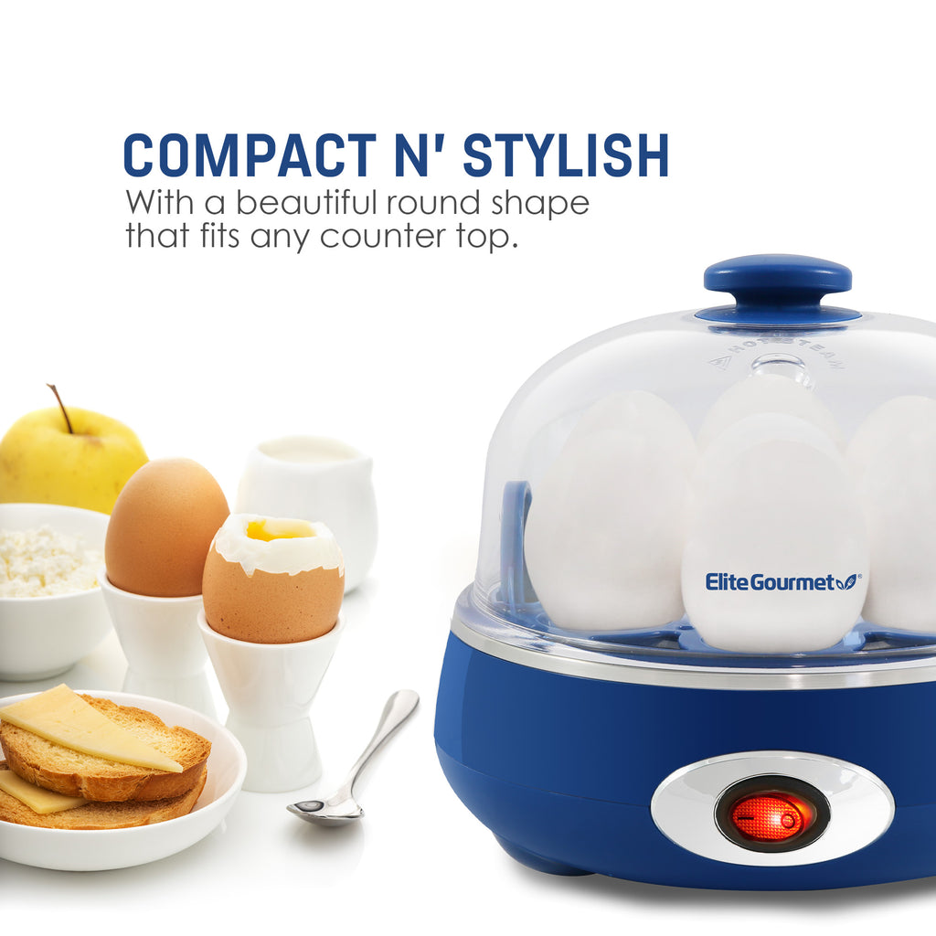 Compact N' Stylish with a beautiful round shape that fits any counter top. Egg cooker next to cooked eggs, fruit and toast.