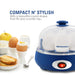 Compact N' Stylish with a beautiful round shape that fits any counter top. Egg cooker next to cooked eggs, fruit and toast.