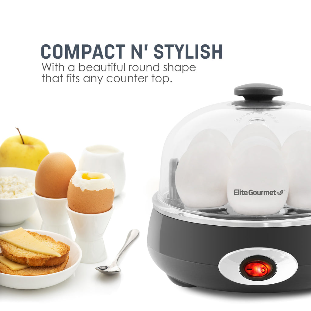 Compact N' Stylish with a beautiful round shape that fits any counter top. Egg cooker next to cooked eggs, fruit and toast.