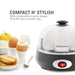 Compact N' Stylish with a beautiful round shape that fits any counter top. Egg cooker next to cooked eggs, fruit and toast.