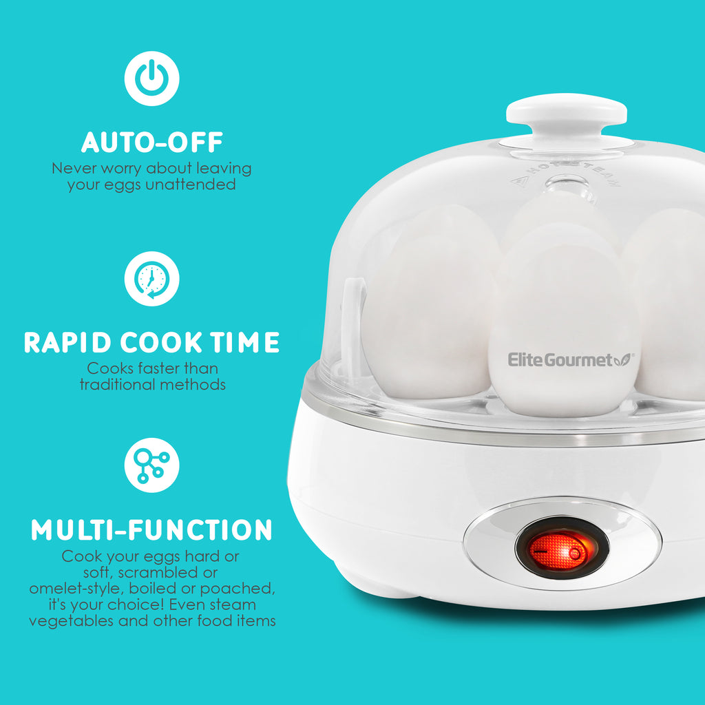 Auto-Off. Never worry about leaving your eggs unattended. Rapid Cooke Time. Cooks faster than traditional methods. Multi-Function, cooks your eggs hard or soft, scrambled or omelet-style. Boiled of poached, it's your choice! Even steam vegetables and other foods.