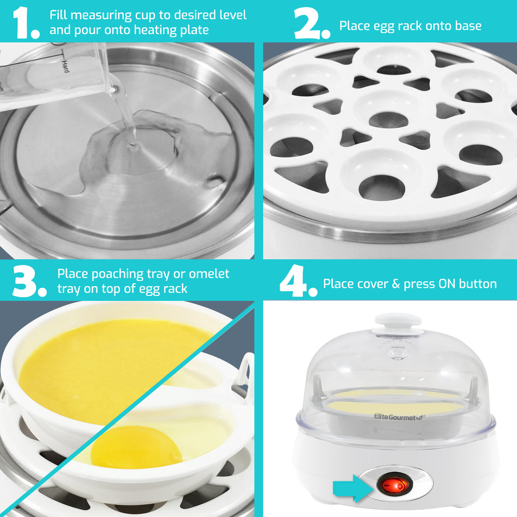 1. Fill measuring cup to desired level and pour onto heating plate. 2. Place egg rack onto base. 3. Place poaching tray or omelet tray on top of egg rack. 4. Place cover & press ON button.