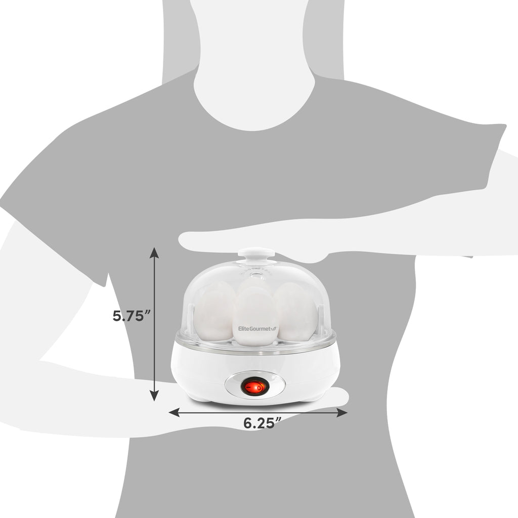 Dimensions of egg cooker. 5.75" Height, 6.25" Diameter.