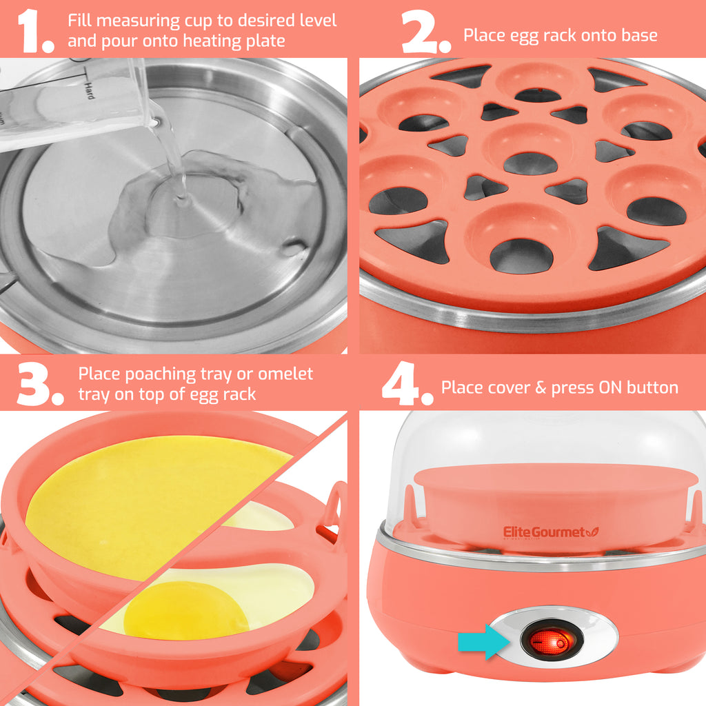 1. Fill measuring cup to desired level and pour onto heating plate. 2. Place egg rack onto base. 3. Place poaching tray or omelet tray on top of egg rack. 4. Place cover & press ON button.