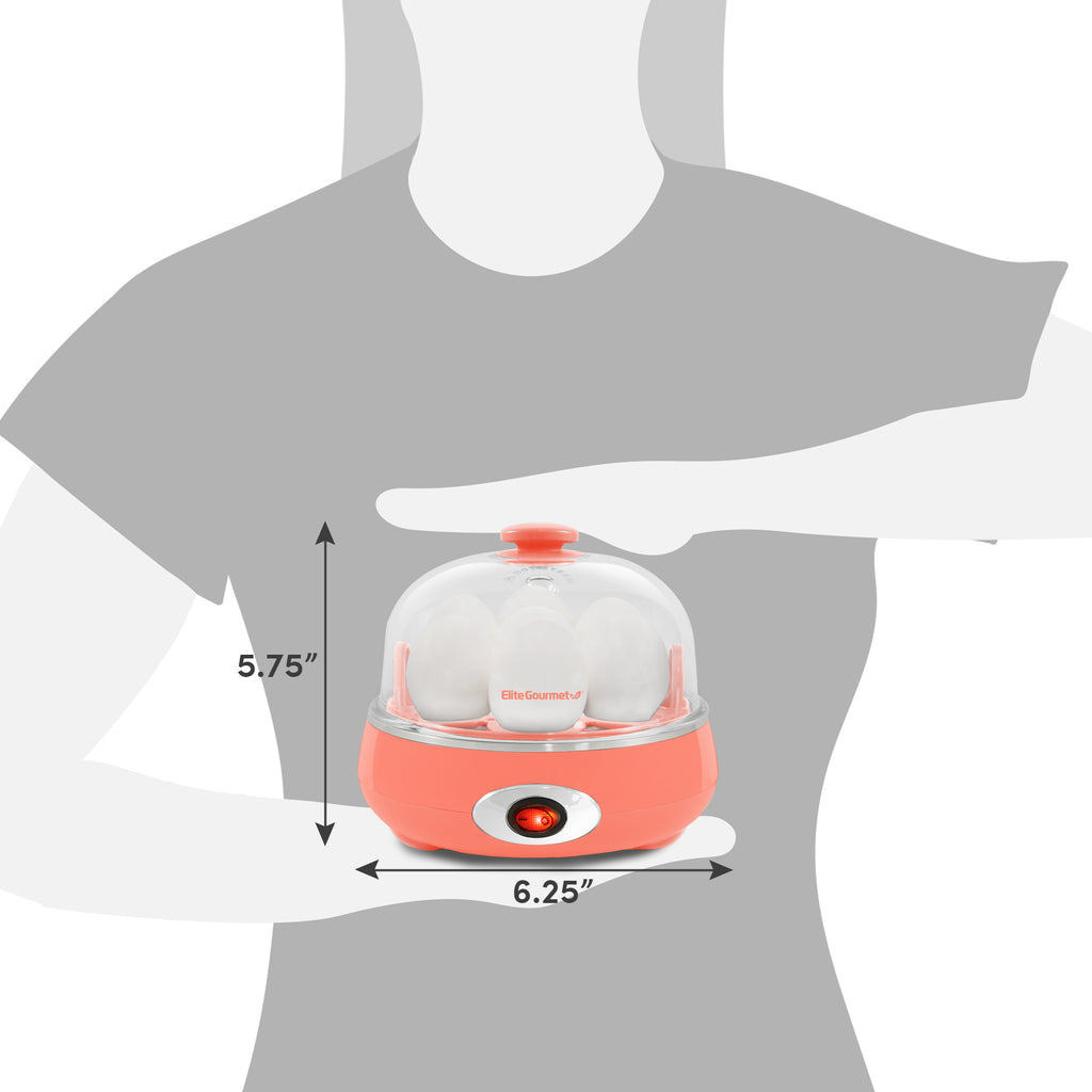Dimensions of egg cooker. 5.75" Height, 6.25" Diameter.