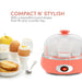 Compact N' Stylish with a beautiful round shape that fits any counter top. Egg cooker next to cooked eggs, fruit and toast.