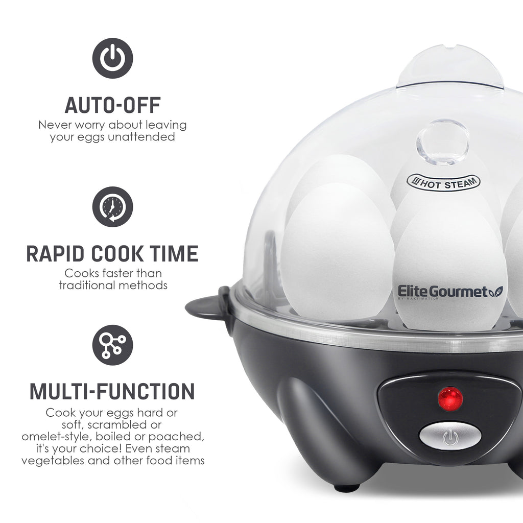 Auto-Off. Never worry about leaving your eggs unattended. Rapid Cooke Time. Cooks faster than traditional methods. Multi-Function, cooks your eggs hard or soft, scrambled or omelet-style. Boiled of poached, it's your choice! Even steam vegetables and other foods.