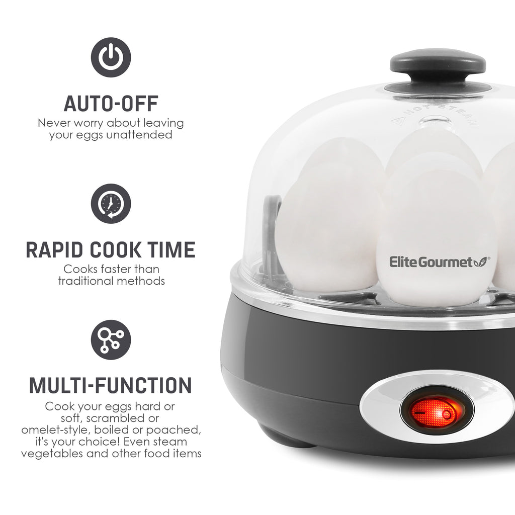 Auto-Off. Never worry about leaving your eggs unattended. Rapid Cooke Time. Cooks faster than traditional methods. Multi-Function, cooks your eggs hard or soft, scrambled or omelet-style. Boiled of poached, it's your choice! Even steam vegetables and other foods.