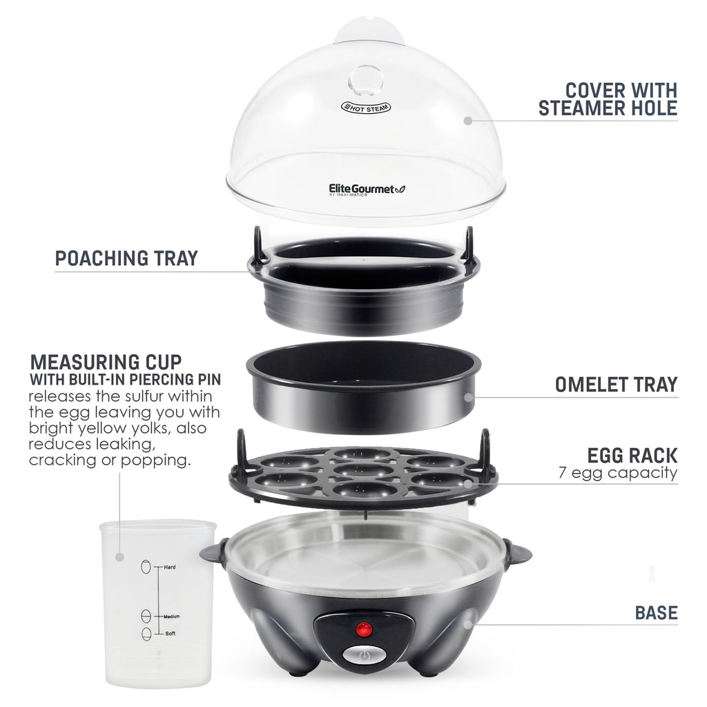 Parts & accessories displayed. Poaching Tray, Measuring cup with built-in piercing pin releases the sulfur with the egg leaving you with bright yellow yolks, also reduces leaking, cracking or popping. Cover with steamer hole. Omelet Tray. Egg rack 7 egg capacity. Base.