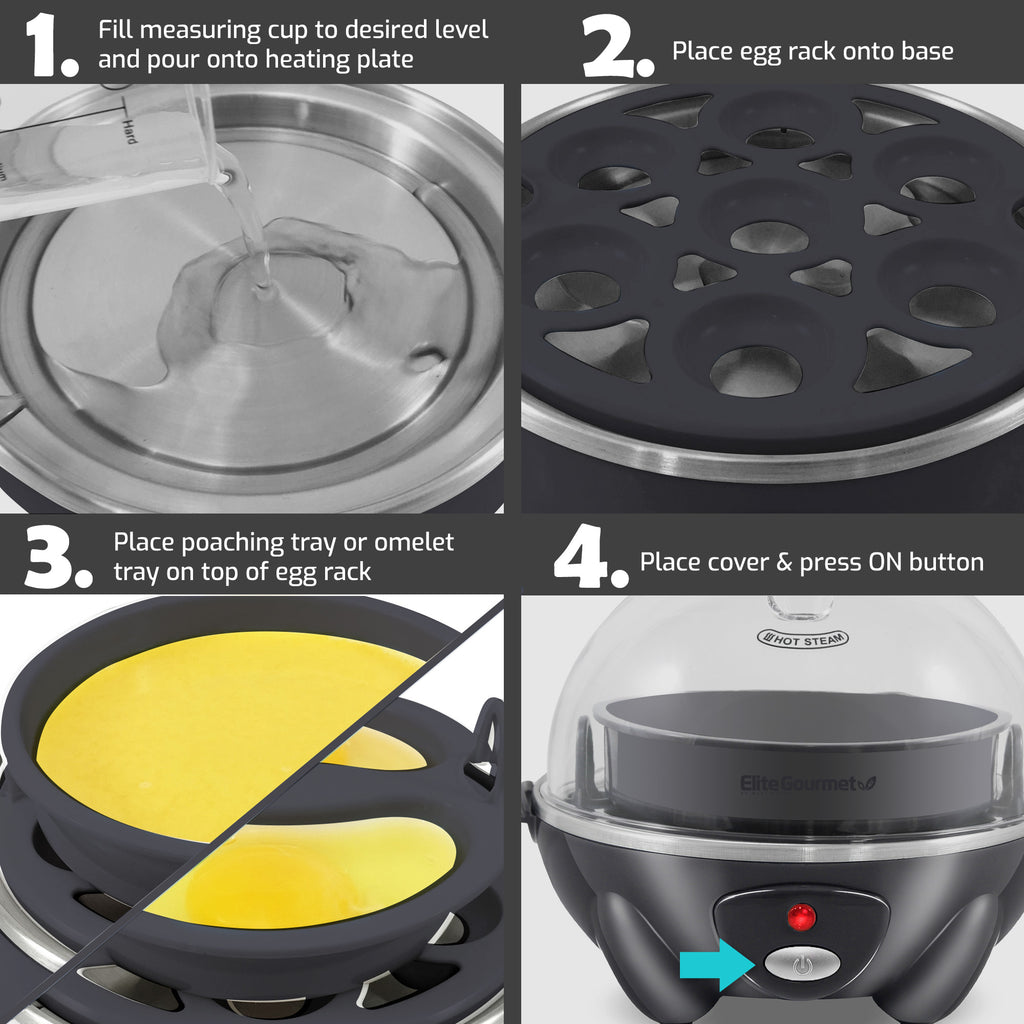 1. Fill measuring cup to desired level and pour onto heating plate. 2. Place egg rack onto base. 3. Place poaching tray or omelet tray on top of egg rack. 4. Place cover & press ON button.
