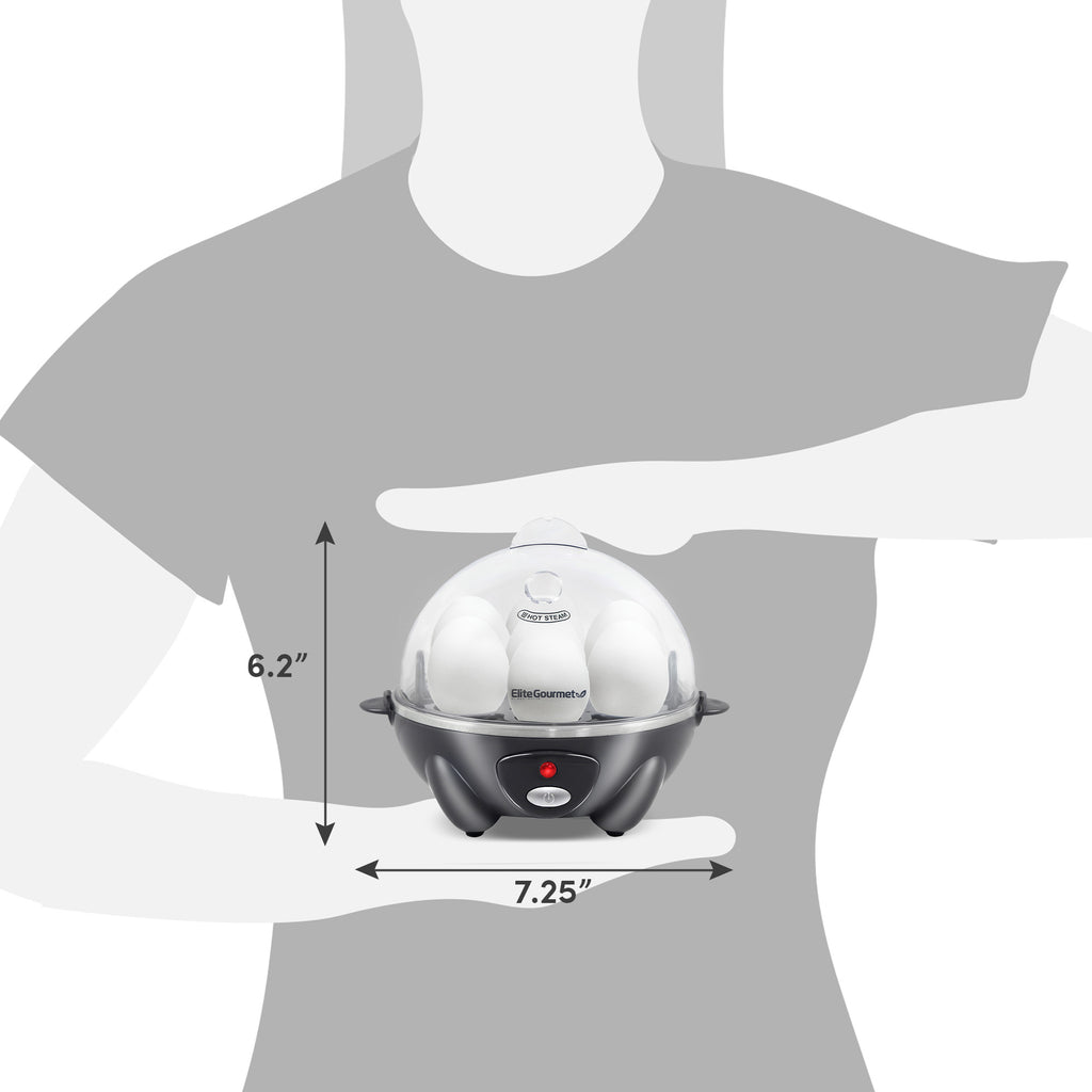 Dimensions of egg cooker. 6.2" Height, 7.25" Diameter.