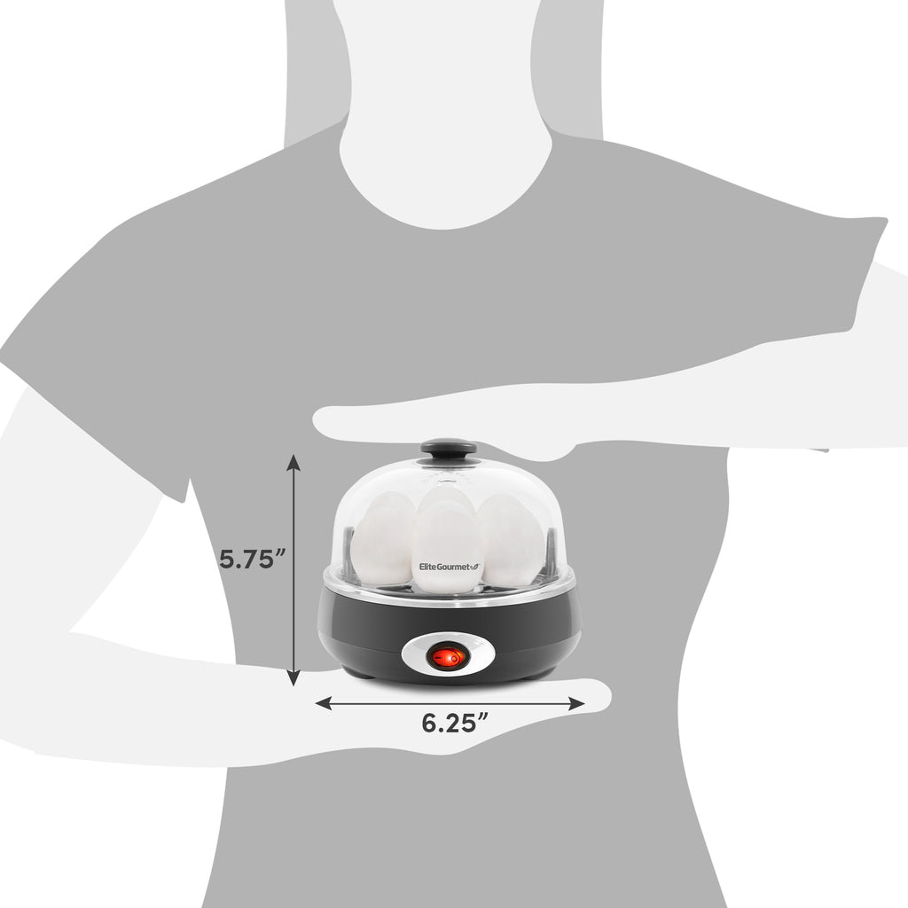 Dimensions of egg cooker. 5.75" Height, 6.25" Diameter.
