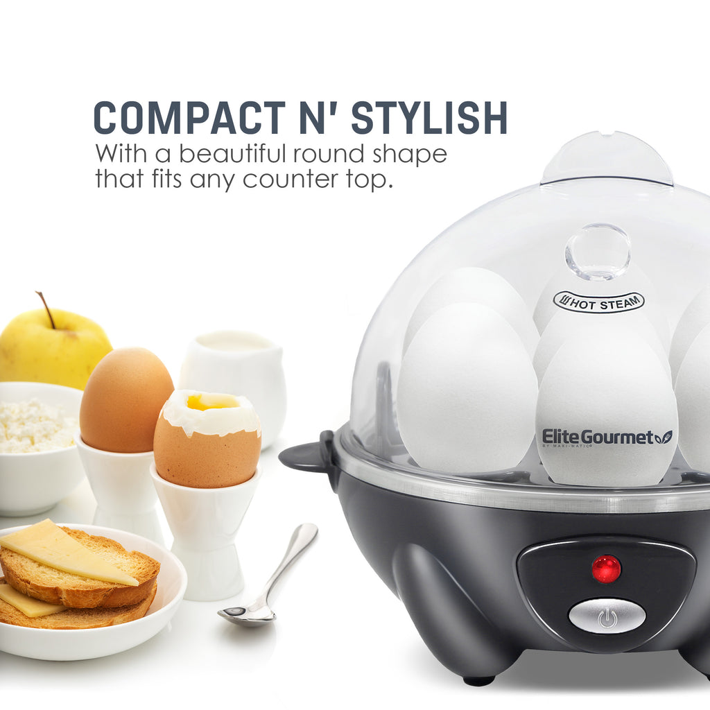 Compact N' Stylish with a beautiful round shape that fits any counter top. Egg cooker next to cooked eggs, fruit and toast.