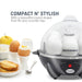 Compact N' Stylish with a beautiful round shape that fits any counter top. Egg cooker next to cooked eggs, fruit and toast.