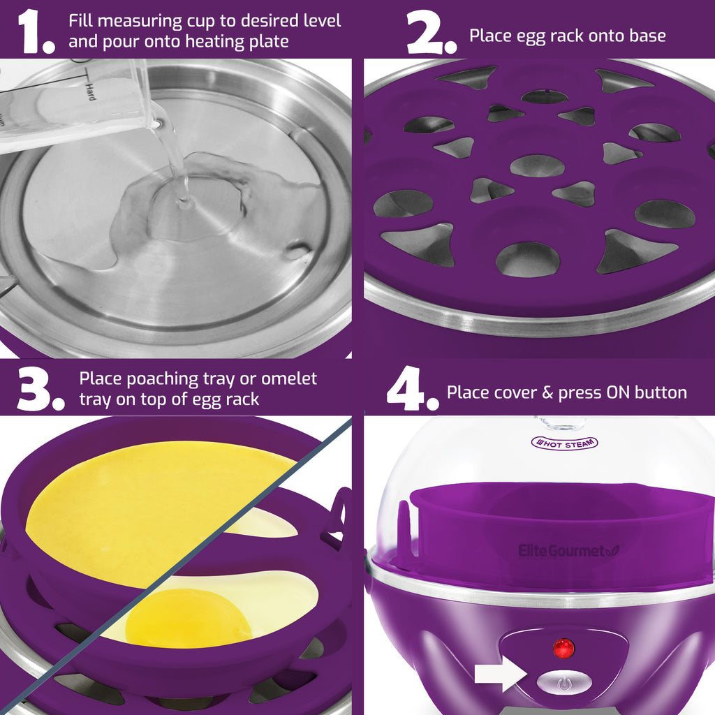1. Fill measuring cup to desired level and pour onto heating plate. 2. Place egg rack onto base. 3. Place poaching tray or omelet tray on top of egg rack. 4. Place cover & press ON button.